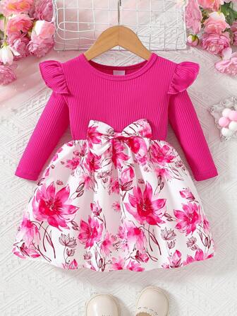 Infant Girls' Cute Bee & Bow Print Round Neck Knee-Length Fashion Comfortable Dress, Autumn