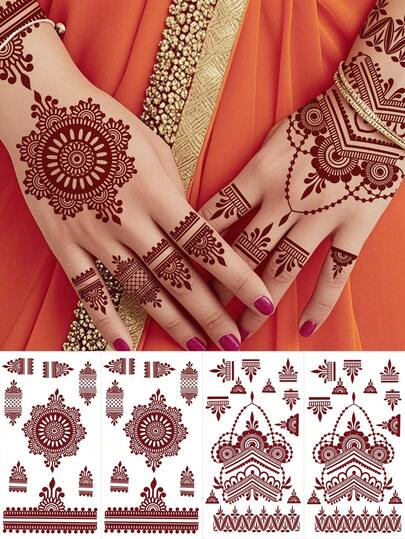 4 张指甲花贴纸，防水红棕色指甲花纹身贴纸，花朵临时纹身贴纸，适用于女性手部和身体艺术