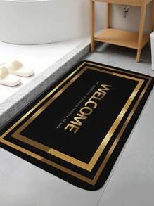 1pc Black Background, Paperclip Border, "Welcome" Pattern Bath Mat, Modern Minimalist Absorbent Non-Slip Bathroom Carpet, Flannel Bathroom Mat With Anti-Slip Backing, Suitable For Entrance, Bedroom, Kitchen, Bathroom Non-Slip Mat, Home Decor Rug