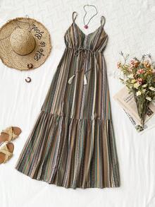 Rusttydustty 女士条纹V领休闲露背长裙波西米亚风复活节海滩装扮夏威夷音乐节热带假期 - 彩色 - 查看 1
