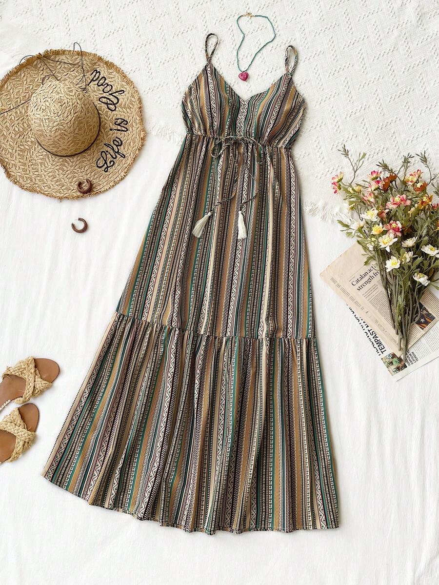 Rusttydustty 女士条纹V领休闲露背长裙波西米亚风复活节海滩装扮夏威夷音乐节热带假期 - 彩色 - 查看 1