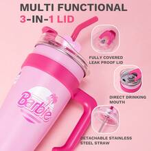 Miniso Bộ quà tặng bao gồm bình nước và ống hút bằng thép không gỉ hình búp bê Barbie, dung tích lớn, kiểu hoạt hình dễ thương, cốc cà phê du lịch xách tay, 1600ml/54oz. - Màu Hồng baby - Xem 4