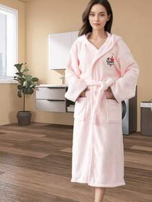 1pc Polyester Bathrobe (Size L) Unisex, Embroidered, Autumn/Winter Home & Bathroom Long Robe, Solid Color Coral Fleece Soft & Absorbent Microfiber, Suitable For Home, Bathroom, Pool, Dormitory - Multicolor - View 6