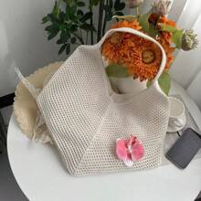 Summer Hollow Knit Tote Bag, Large Capacity Luxury Women Plain Casual Shoulder Bag, Butterfly & Floral Decor One Shoulder Strap Tote, Suitable For Daily Use, Hangout With Friends, Gift