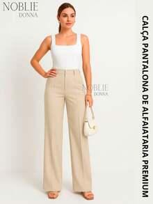 Premium Tailored Wide Leg Trousers High Waist Formal Elegant Work Fashion With Front Button - 裸體 - 查看 4