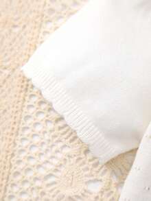 Girls Solid Color Knit Short Sleeve Cardigan, With Delicate Lace Trim At Collar, Cuffs, And Hem, Perforated Design, Ideal For Summer Beach Wear - Beige - View 4