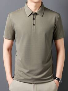 Men's Solid Color Wide Placket Waffle Pineapple Print Short Sleeve Polo Shirt, Casual Business Formal - Khaki - View 3