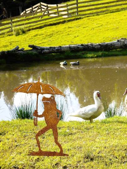 1 pieza Silueta de rana de metal con estaca de paraguas, decoración exterior con tema de animales, apta para el hogar y el jardín, arte de césped para el Día de Acción de Gracias, decoración de jardín de ranas