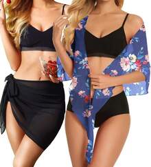 CHICGAL 2 Pieces Women Beach Sarong Bathing Suit Wrap Skirt Sheer Bikini Swimsuit Cover Ups Swimwear - 黑色和粉紅色海軍藍 - 查看 2