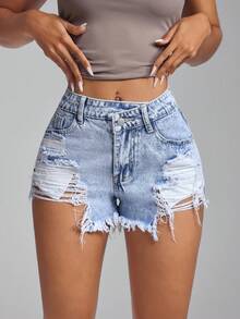 Jeanoix 斜口袋休闲破洞下摆牛仔短裤 - 淺色水洗藍 - 查看 3