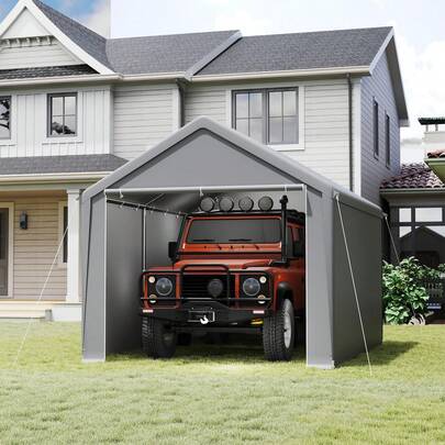 VA-Cerulean Tent-Carport 3x4 M/3x6 M/4x6 M/4x8 M – Carport, Garage Tent & Storage Tent In One – Shelter & Pasture Tent With Robust PE Tarpaulin, Steel Frame, Roof & Floor Reinforcement – Weatherproof For Car, SUV (Gray/White)