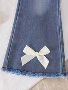 复古花卉荷叶边纹理面料女童吊带背心和时尚牛仔喇叭裤，带蝴蝶结装饰套装，舒适 - 彩色 - 查看 8