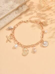 1 pieza Tobillera de estilo vacacional de playa con múltiples colgantes, fashionable joyería de mujer con dije de estrella de mar metálica y concha natural. Adecuado para uso diario, citas, viajes y vacaciones. El tamaño y el patrón de las conchas naturales son aleatorios.