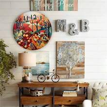 10-Inch/25CM Silent Wall Clock Geometric Landscape Featuring Colorful Trees, Rolling Hills, And A Small House. Round Wooden Wall Clock, Farmhouse Decoration For Living Room, Kitchen, Bedroom, 36V Or Below, AA Batteries Not Included - 1pc - 查看 6