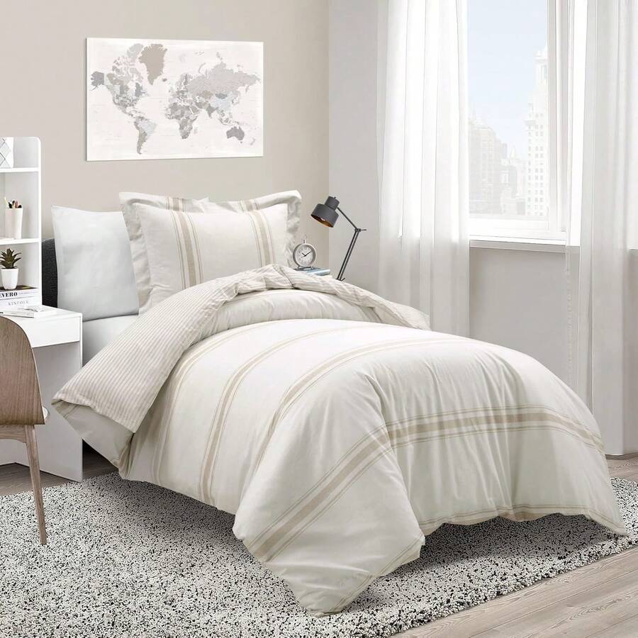 Farmhouse Stripe Reversible Cotton Duvet Cover Set, 2 Piece Set, Twin XL, Navy - Twin Bedding Set - Dorm Decor - Striped Duvet Cover For Kids Or Teens - Farmhouse Bedroom Decor - Neutral - 查看 1