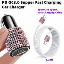 1pc Sparkling Rhinestone Car Charger, Fast Charging USB A/C Type Car Phone Charger, Diamond Adapter, Compatible With 3-In-1 Fast Charging For Car, Retractable Data Cable, Supports Phones, Dashcams, GPS And More, Handmade, Ideal Gift For Men And Women On Holidays/Birthdays - Multicolor - View 7