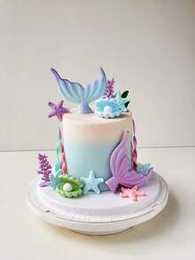 1pc Ocean Theme Cake Topper Mermaid Tail Doll, Sea Coral Shell Star Decor, Kids Birthday Party Cake Decoration For Boys/Girls