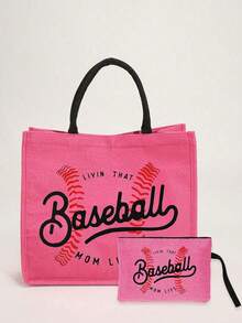 2件/套棒球妈妈生活玫瑰红帆布手提袋、零钱包、字母、拉链袋、个性礼品包、卡通趣味多功能手提袋、黄麻黑色手提袋配黑色扣、购物袋、化妆袋、杂物收纳袋 - 彩色 - 查看 13