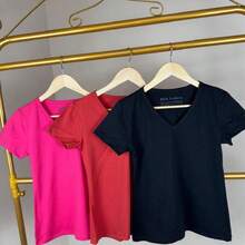 Kit 3 V-Neck T-Shirt Basic Plain Women's Blouse 100% Cotton - BLACK/TILE/PINK - View 1