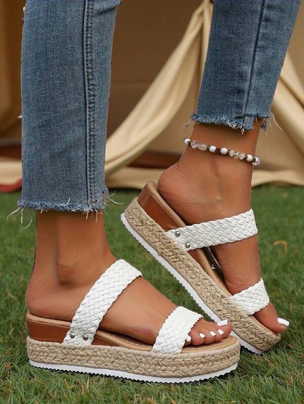 Women's White Slip-On Lightweight Linen Rivet Platform Wedge Heels Summer Sandals, Waterproof, Comfortable, Casual And Elegant