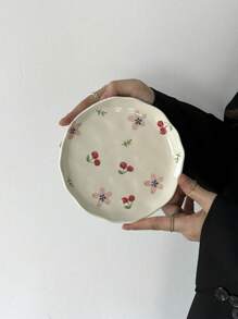 1pc Ins-Style Handpainted Asymmetrical Ceramic Plate, Cute Cartoon Cherry Heart Plate, Dessert Snack Dish, Afternoon Tea Cake Plate, Western Dinnerware, Steak Pasta Plate, Fruit Salad Plate, Holiday Gift For Family & Friends