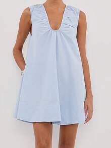 Women's V Neck Tank Dress Sleeveless Solid Color Loose Beach Dresses With Pocket - 藍色 - 查看 2