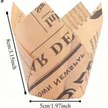 50 piezas de moldes para cupcakes con forma de tulipán con impresión de periódico natural, tazas de hornear antiadherentes adecuadas para bodas, fiestas de cumpleaños, Navidad, decoración rústica vintage, suministros duraderos para fiestas, recipientes para postres de cumpleaños, material, suministros de repostería para el hogar, tazas de decoración navideña