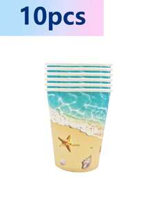 10 Stücke Ozean-Muschel Party Pappteller Sommer Geschirr Einweg Dinner Teller Papierbecher Papiertaschentücher Serviette, geeignet für Ferien Party Dinner Teller See Welle Hochzeit Geburtstag Party Hochzeit Zuhause Büroparty, exquisites Handwerk, modisch passend für Picknick