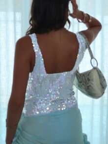 Women Y2K Sequin Tank Top Sparkly Sleeveless Deep V Neck Slim Fit Cami Crop Top Summer Backless Glitter Camisole Vests Shirts Party Club Going Out Tops Rave Outfits - trắng - Xem 2