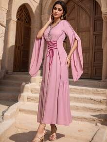 BEAUTY AMINAH 5039 V-Neck Women Abaya Dress, Waist Tie Belt + Handmade Crystal Flared Sleeve, Eid Festival Party Gown