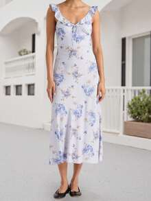 Women's Summer Midi Cami Dress Sleeveless Ruffle Trim V Neck Flower Print Beach Dress - Light Blue - View 2