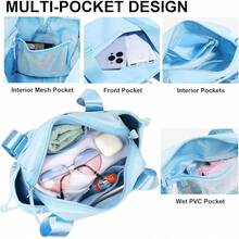 M4   Small Gym Bag For Women - Mini Gym Duffle Bag 4 PCS Set With Wet Compartment, Small Travel Tote Cute Workout Sport Bag With Toiletry Cosmetic Silicone Travel Bottles - Blue - View 3