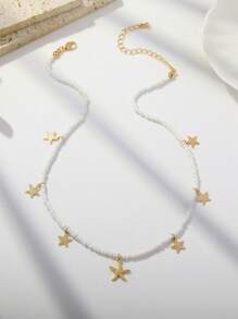 1 pieza Collar estilo océano con estrella de mar y cuentas para mujer, para vacaciones y uso diario