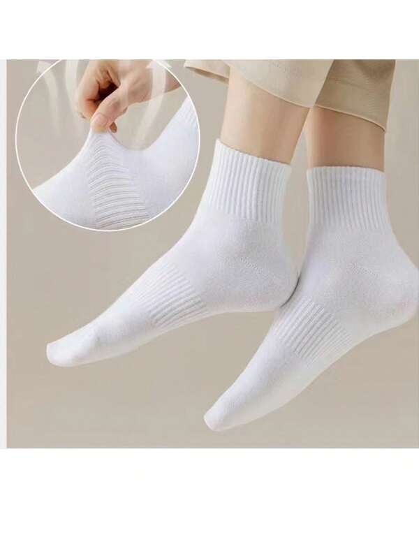 3 Pairs Men's Pure White Cotton Sports Socks, Mid-Calf Anti-Odor Summer Casual Socks