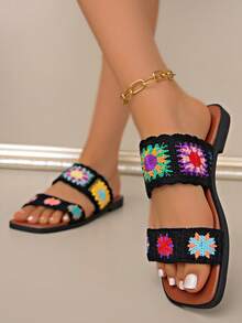 New Plus Size Women Square Toe Flat Sandals, Retro Woven Floral Pattern Instep Strap, Comfortable House Slippers, Summer Outdoor Beach Holiday Style Ladies Sandals - Black - View 4