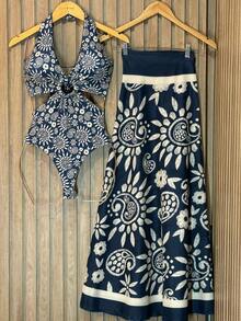 Bodysuit Swimsuit And Pareo Set Kit Premium Beach Cover-Up Bathing Suit Bodysuit - 佩斯利花紋 - 查看 1