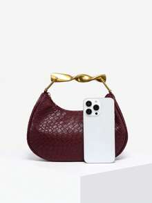 1 件女士复古简约休闲金属手柄装饰柔软仿皮安哥拉红新月手提包，适合外出、约会、通勤、度假 - 酒紅色 - 查看 4