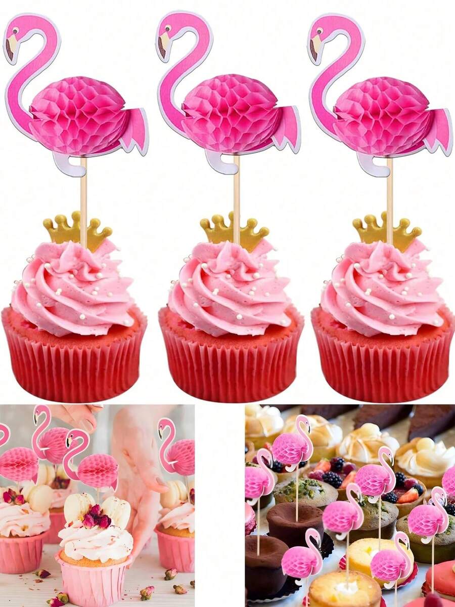 50 件夏季火烈鸟纸杯蛋糕装饰，3D 夏威夷鸡尾酒水果棒，热带火烈鸟纸杯蛋糕签，适用于新娘送礼会、婚礼、海滩派对、夏季泳池派对装饰