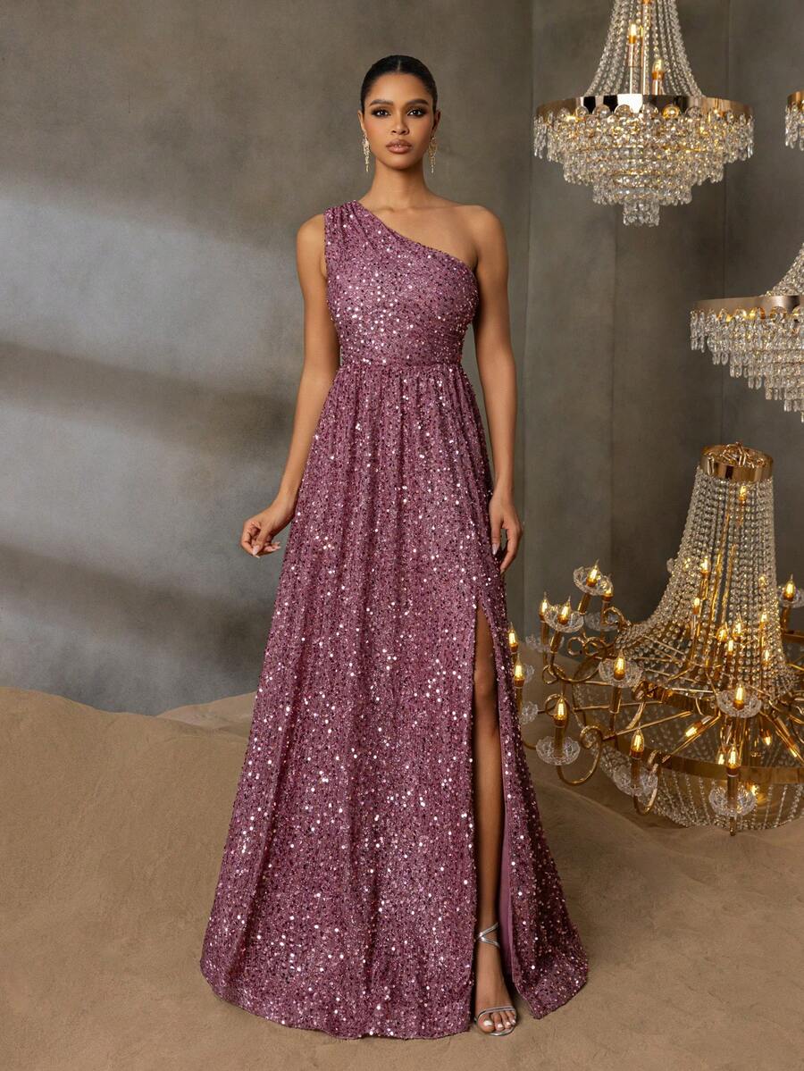 Faeriesty 女士优雅闪亮亮片单肩开衩连衣裙，搭配戏剧性超长裙摆 | 适合盛大晚宴、婚礼或正式晚宴的奢华晚装，夏季度假必备 - 藕粉色 - 查看 1