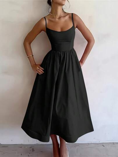 ANCHOSE Women's Elegant Solid Color Spaghetti Strap Dress, Spring/Summer