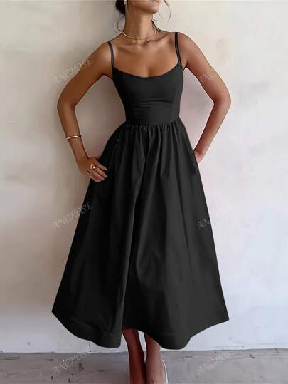 ANCHOSE Women's Elegant Solid Color Spaghetti Strap Dress, Spring/Summer