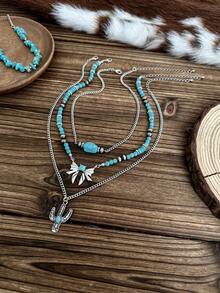 3pcs/4pcs Set Bohemian Style Faux Turquoise Inlaid Cowboy Boots, Cowboy Hat, Bull Head Pendant Necklace, Luxurious Versatile Wedding/Party Necklace Gift For Women - Necklace - View 11