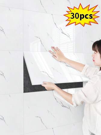 30片自粘大理石墙板，大理石瓷砖墙贴，加厚聚乙烯，浴室防水墙砖，适用于客厅、厨房、办公室、浴室墙面装饰