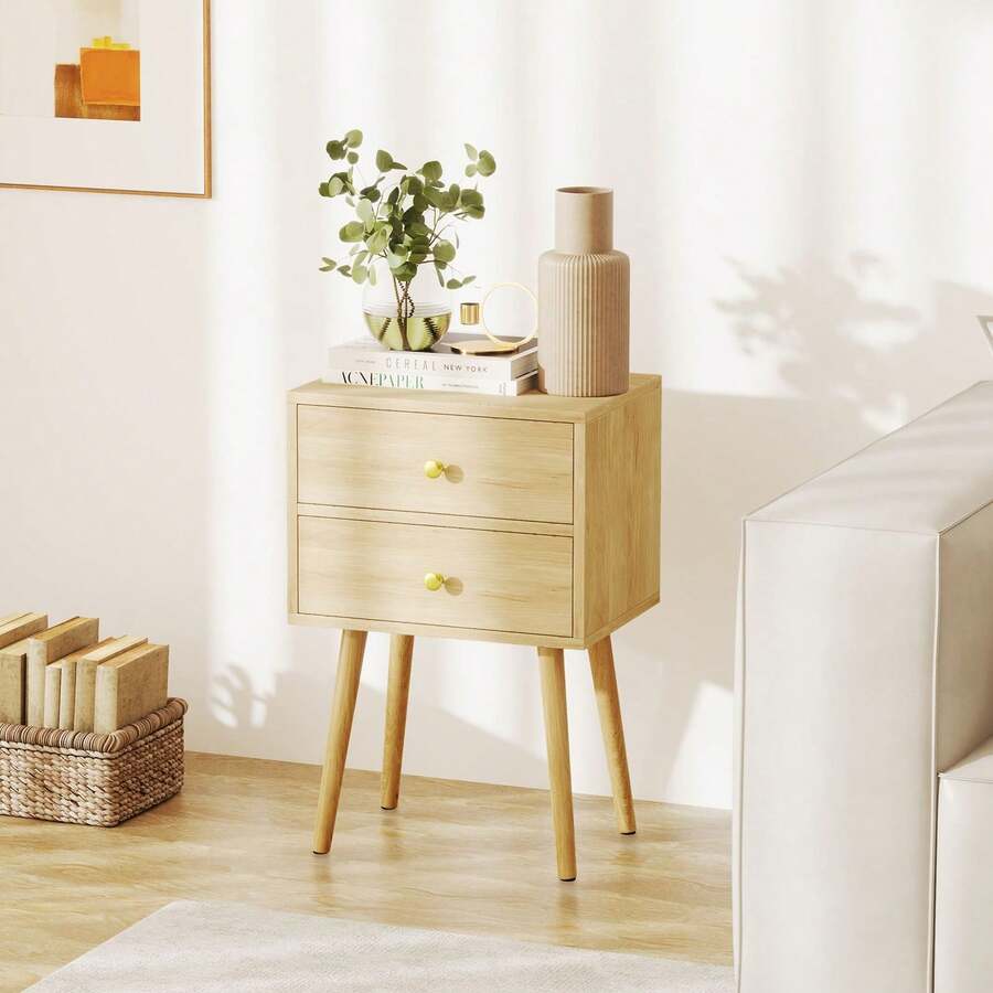 GOFLAME Nightstand , Mid-Century Modern Bedside Table With 2 Drawers, End Table With Solid Wood Support Legs For Small Spaces, Versatile In Living Room Bedroom - Khaki - View 1