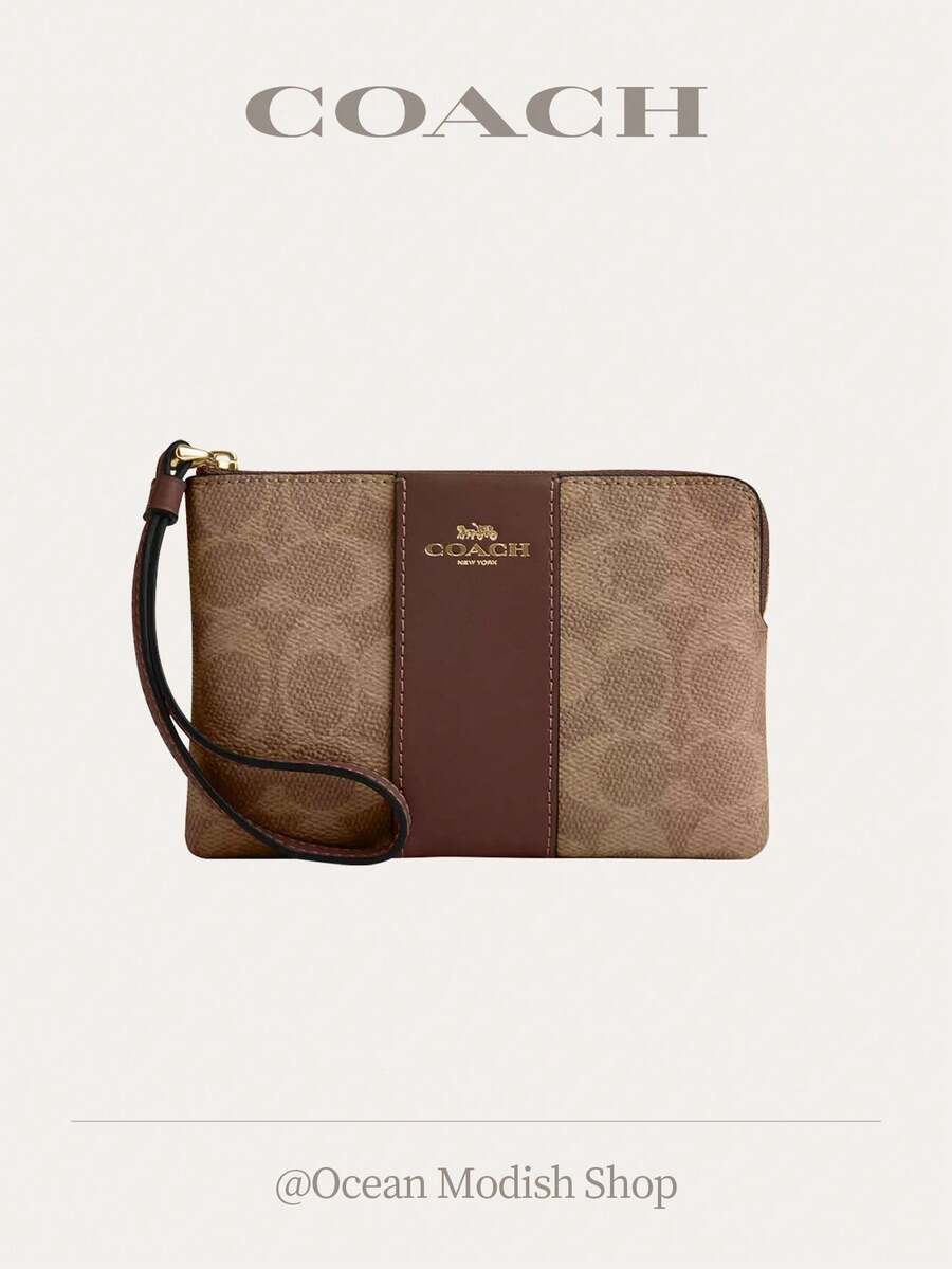 Coach Corner Zip Wallet Wristlet Bag In Signature Canvas With Stripe,Purses And Bags Women Wallet Bags For Women Valentine's Day Gift For Her CW854 - 棕色 - 查看 1