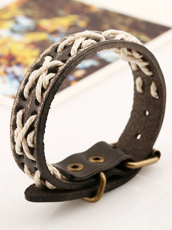1pc Women's Braided Leather Bracelet & Necklace Set, Handmade Woven Rope Bracelet, Casual Everyday Versatile Couple Bracelet