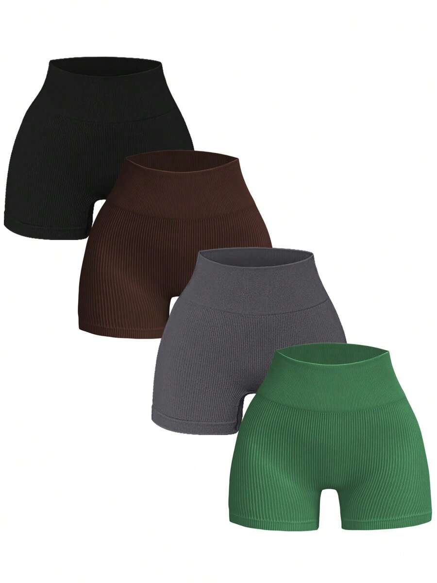 Set 4 buc. pantaloni scurți de yoga fără cusături pentru femei, talie înaltă, elasticitate ridicată, absorbție a transpirației, culoare solidă, versatili, potriviți pentru antrenament și purtare zilnică
