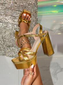 Women's Thick Sole Strap Metal Decorated Chunky Heel Super High Heeled Black Sandals