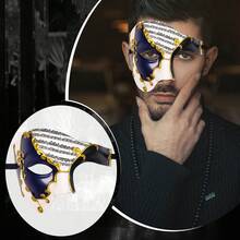 JEWELRYWE Vintage Italian Venetian Phantom Of The Opera Half Face Mask, Men's Masquerade Mask, Halloween Mardi Gras Mask, Holiday Party Decoration - 藍黑金 - 查看 3