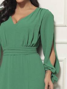 FASHION MIX PREMIUM Elegant Long Dress With Slit Long Sleeves With Tie With V-Neckline And Waist Adjustment Plus Size Women's Fits 38 To 44 - 綠旗 - 查看 6